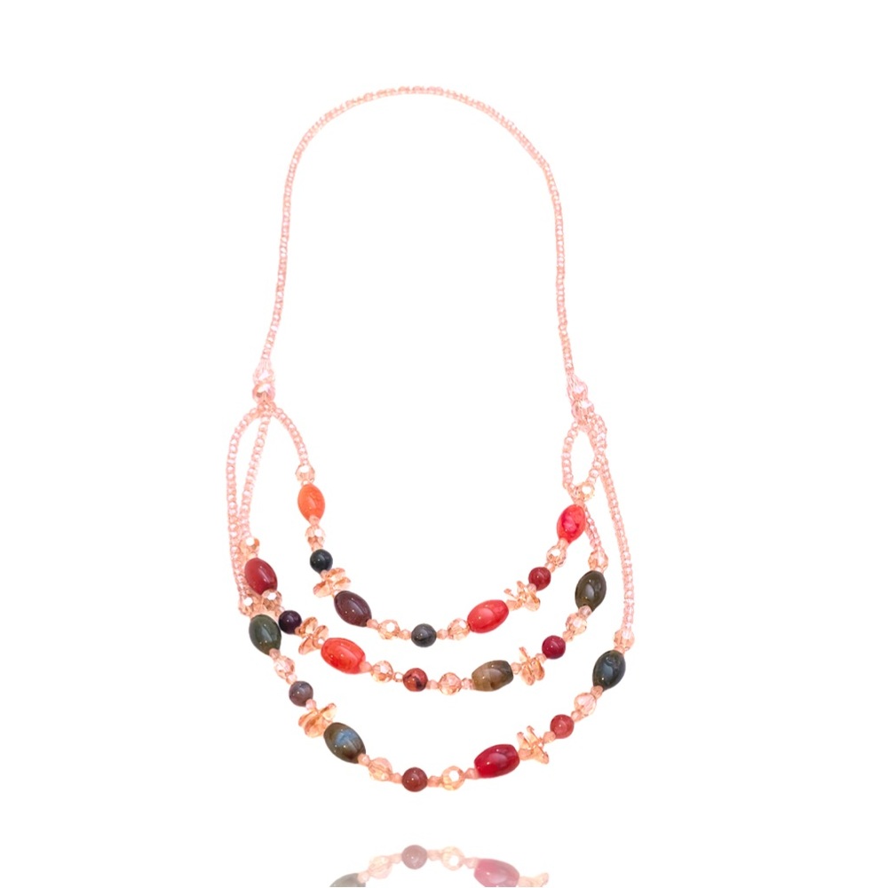 Multicolor Faceted Beaded Necklace with Pink Crystal Strand - Women Jewelry